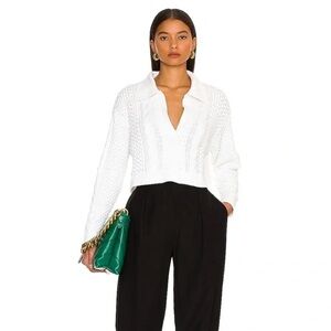 L'Academie Miles Cable Knit White V-Neck Sweater Pullover